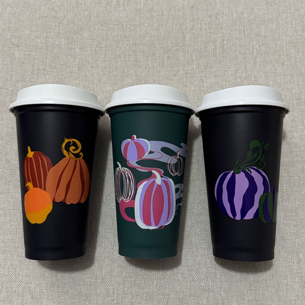 3 Pack Starbucks Cups-Plastic 16 oz-Halloween Themed-White Lids-GUC